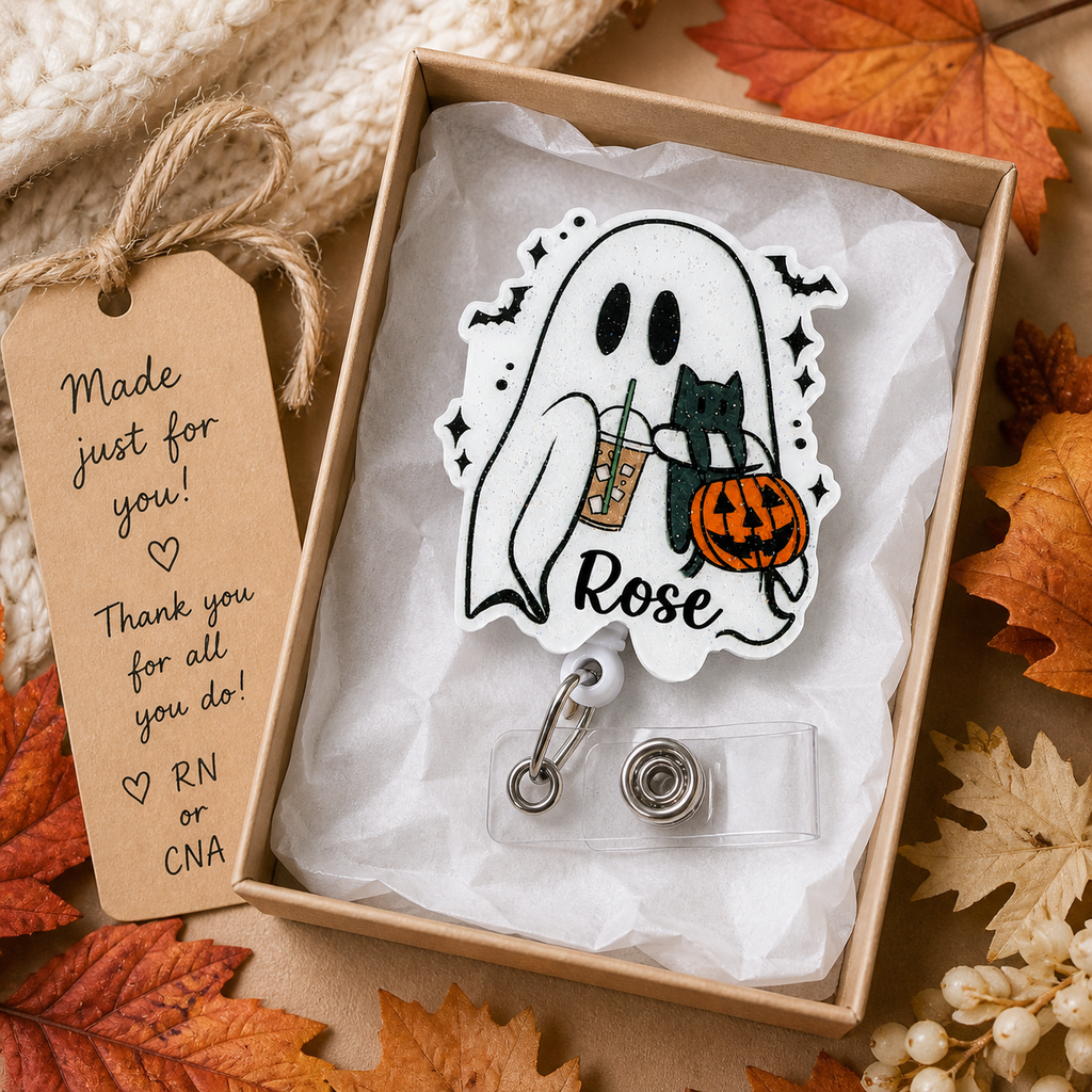 Personalized Halloween Ghost and Cat Badge Reel