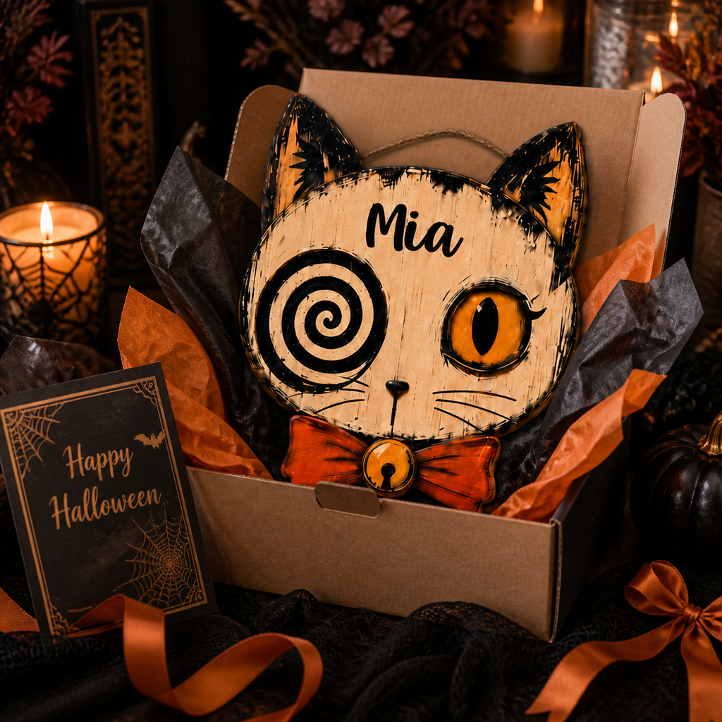 Personalized Spooky Cat Halloween Wooden Door Sign