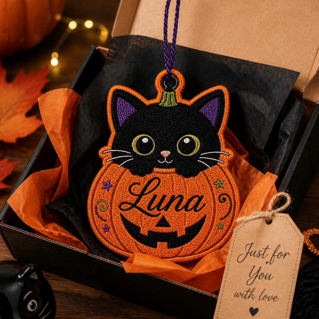 Personalized Black Cat Pumpkin Embroidered Halloween Ornament