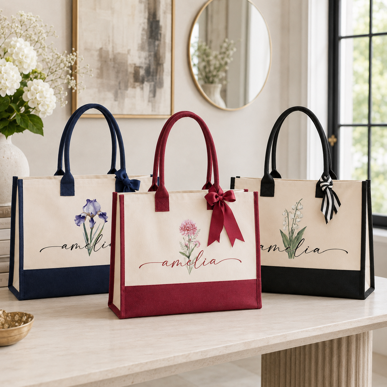 Personalized Floral Name Tote Bag