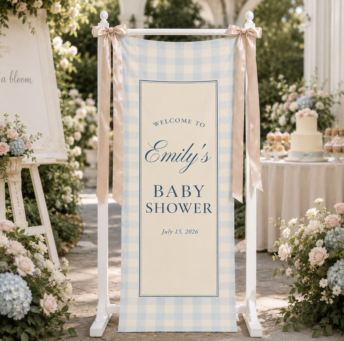 Personalized Blue Gingham Baby Shower Banner
