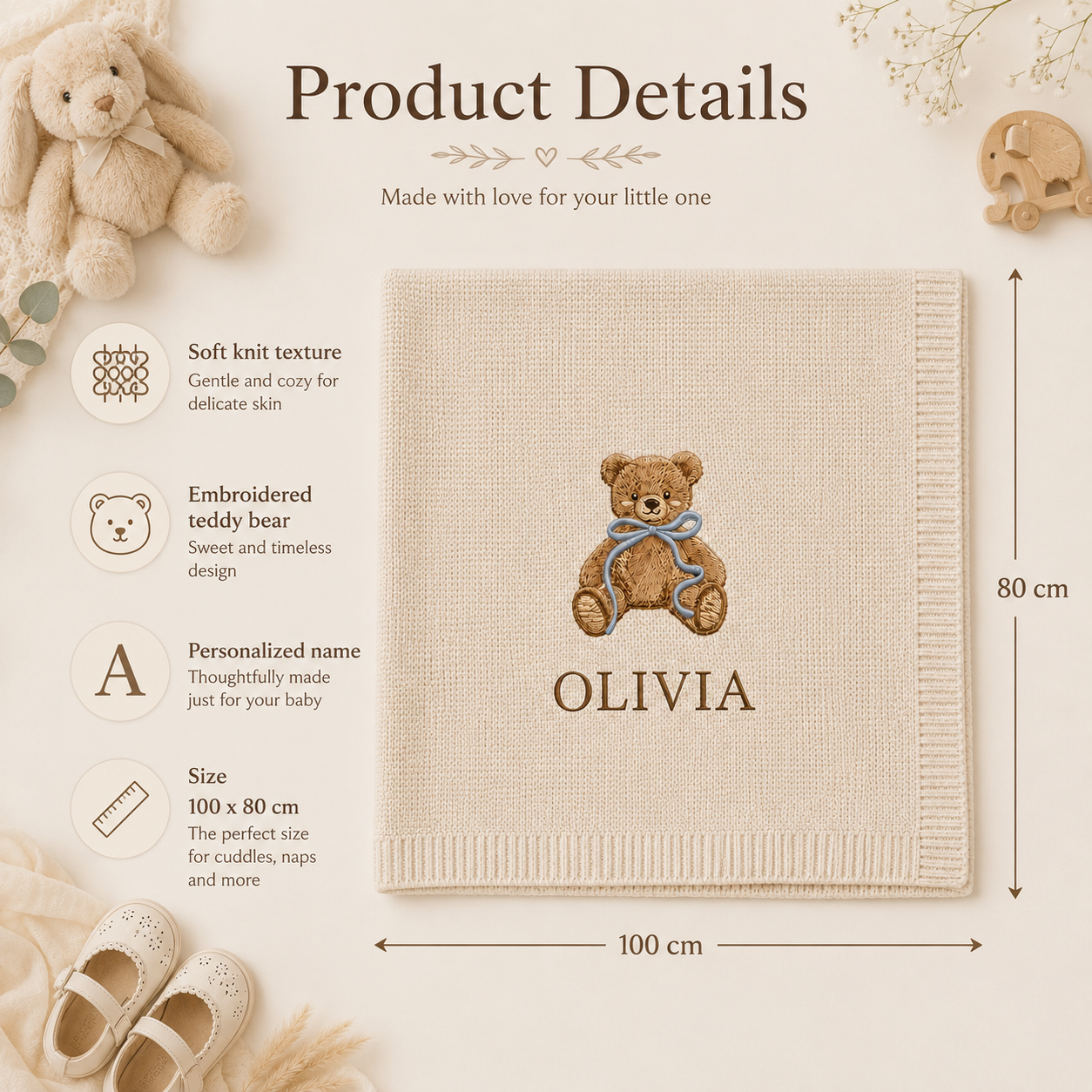 Personalized Teddy Bear Baby Embroidered Blanket