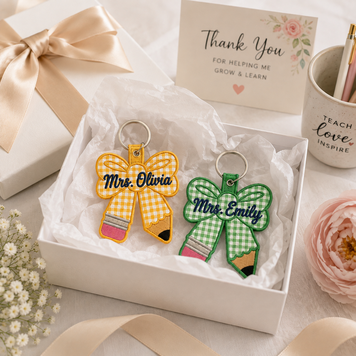 Personalized Teacher Pencil Bow Keychain