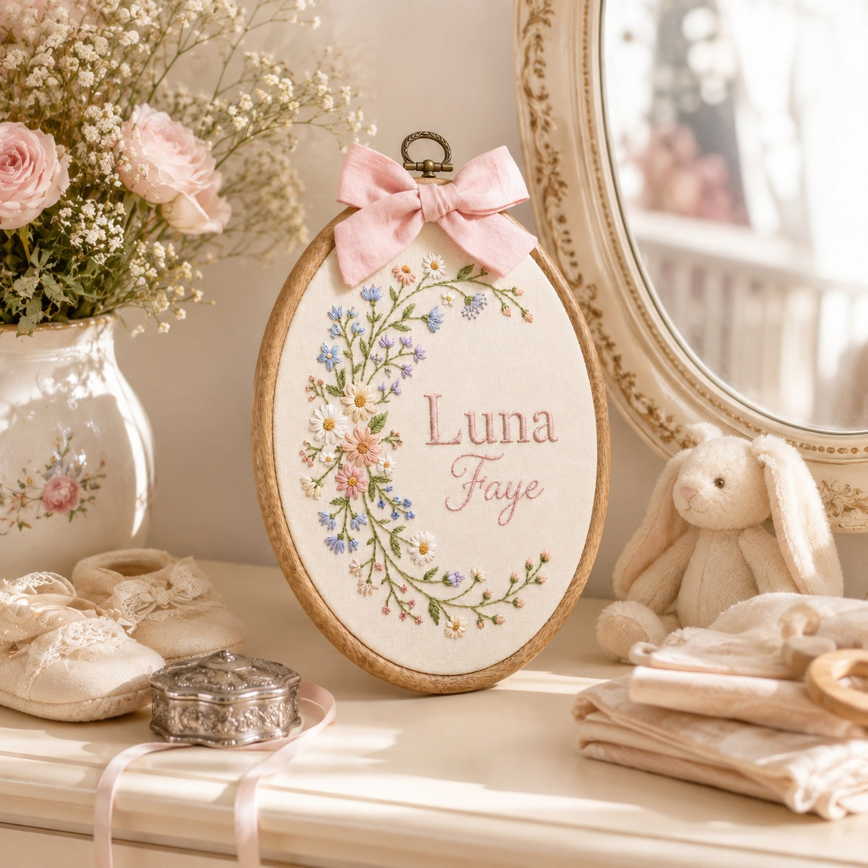 Personalized Oval Embroidery Hoop with Baby Floral