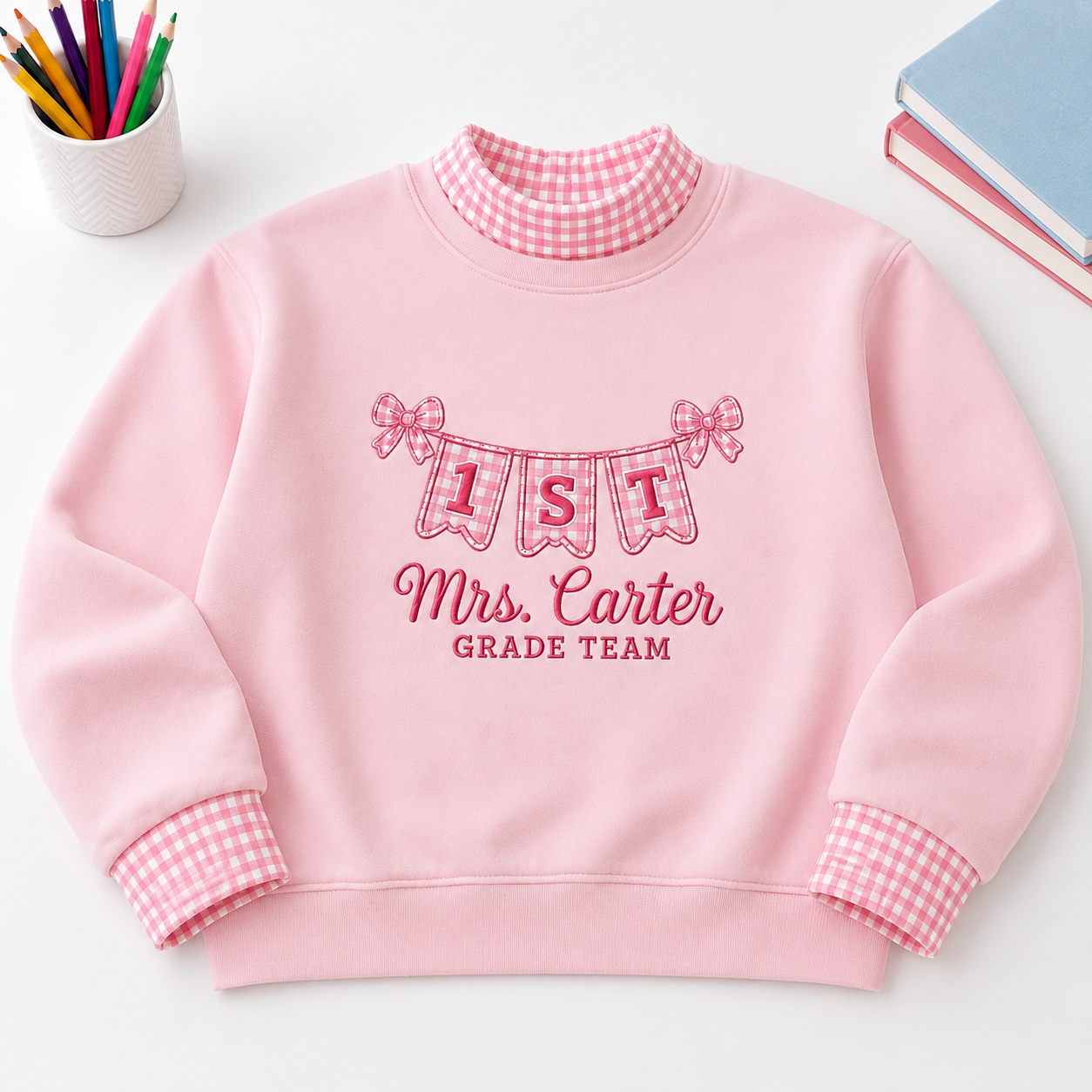 Teacher Embroidery Sweatshirt Gingham with Personalized Grade Pennant
