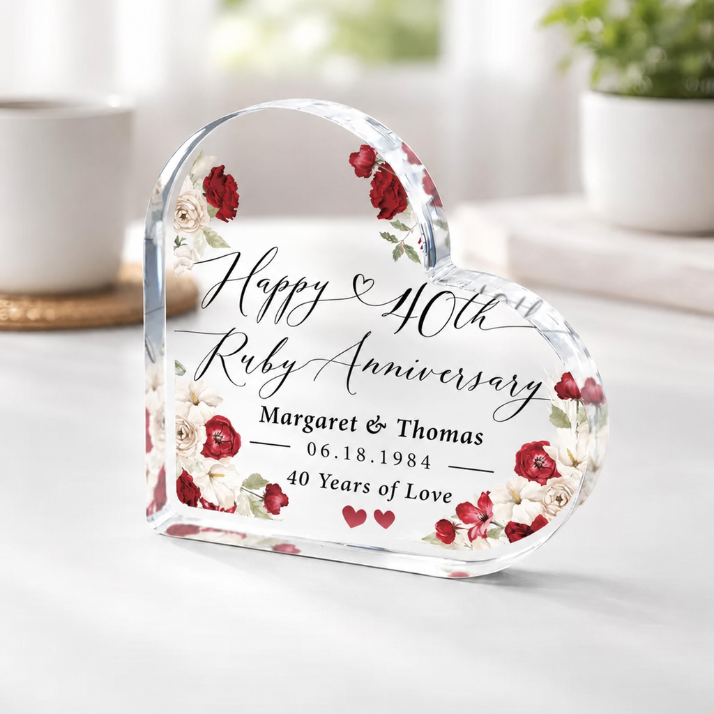 Personalized Ruby Anniversary Acrylic Heart Block, 40th Wedding Keepsake for Couples
