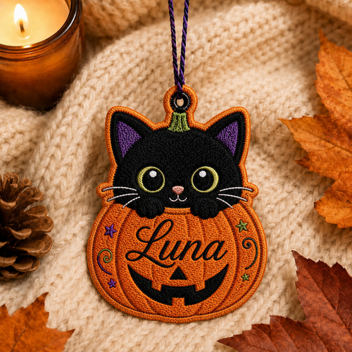 Personalized Black Cat Pumpkin Embroidered Halloween Ornament