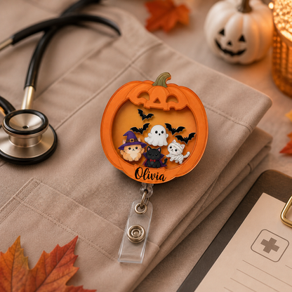 Personalized Halloween Pumpkin Ghost and Cat Badge Reel