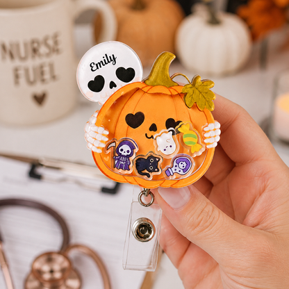 Personalized Pumpkin Skeleton Halloween Badge Reel