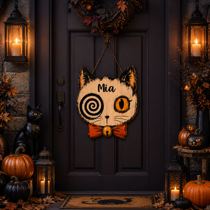 Personalized Spooky Cat Halloween Wooden Door Sign