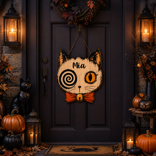 Personalized Spooky Cat Halloween Wooden Door Sign