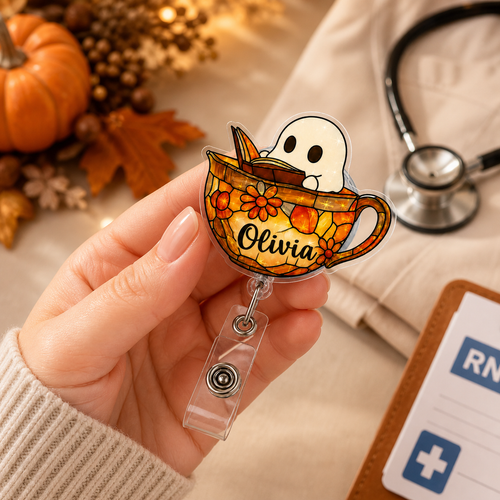 Personalized Halloween Ghost Teacup Badge Reel