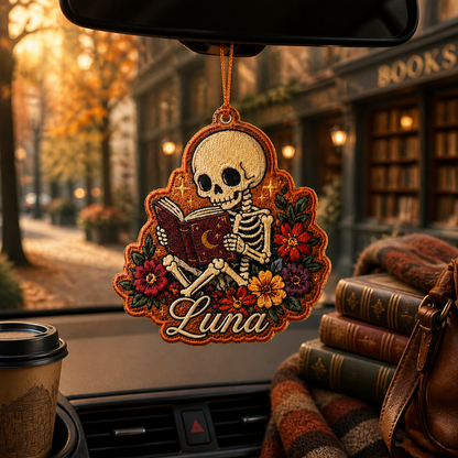 Personalized Halloween Skeleton Reading Embroidered Car Ornament