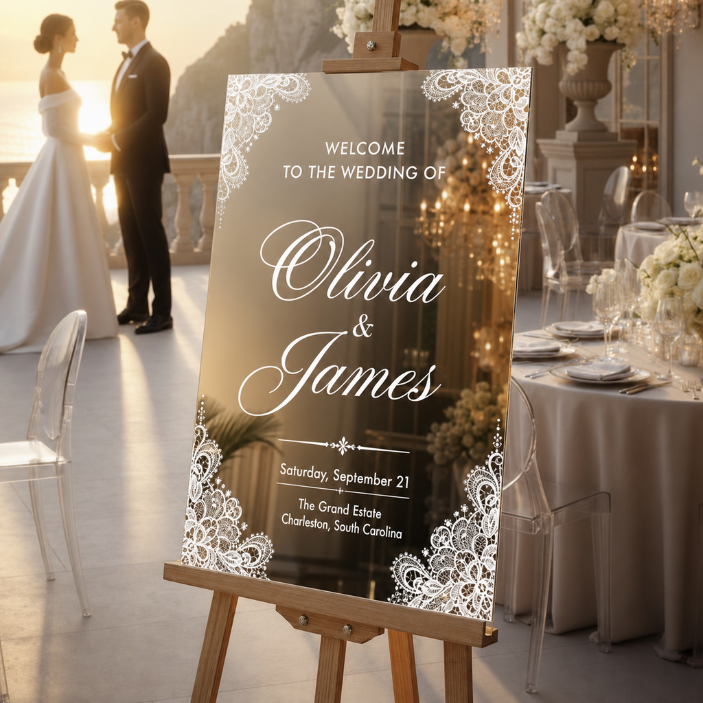 Personalized Gold Mirror Wedding Welcome Sign with Lace Details