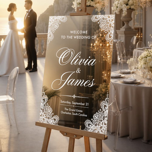 Personalized Gold Mirror Wedding Welcome Sign with Lace Details