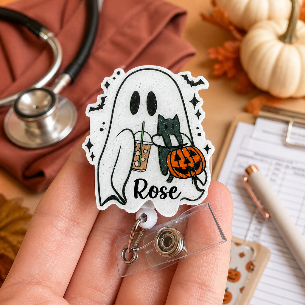 Personalized Halloween Ghost and Cat Badge Reel
