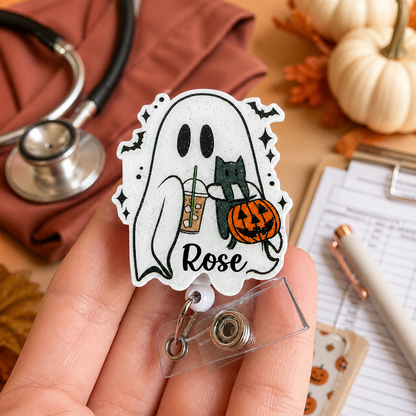 Personalized Halloween Ghost and Cat Badge Reel