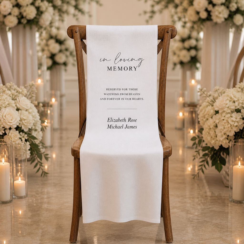 Personalized Wedding Chair Sign In Loving Memory White Fabric