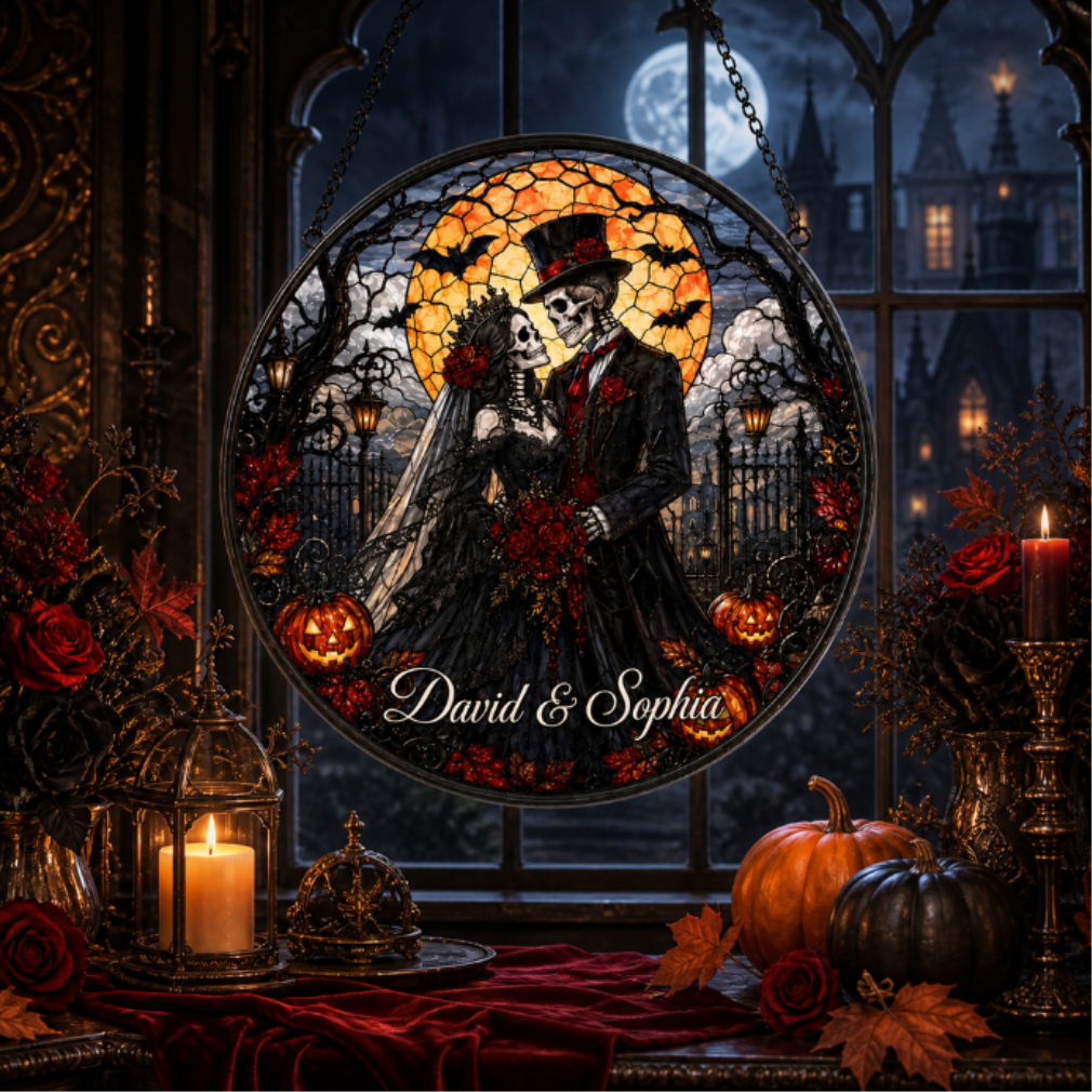 Custom Gothic Skeleton Couple Stained Glass Suncatcher