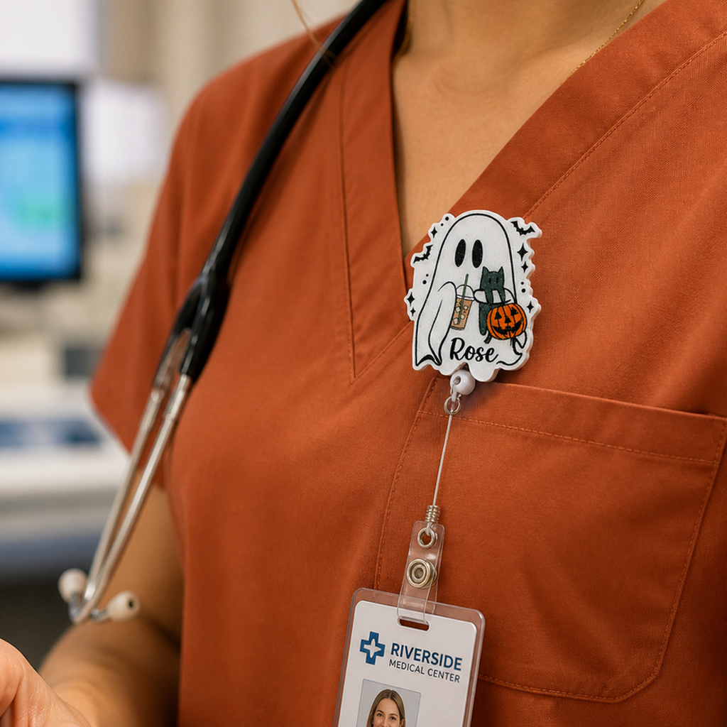 Personalized Halloween Ghost and Cat Badge Reel