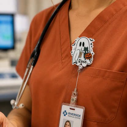 Personalized Halloween Ghost and Cat Badge Reel