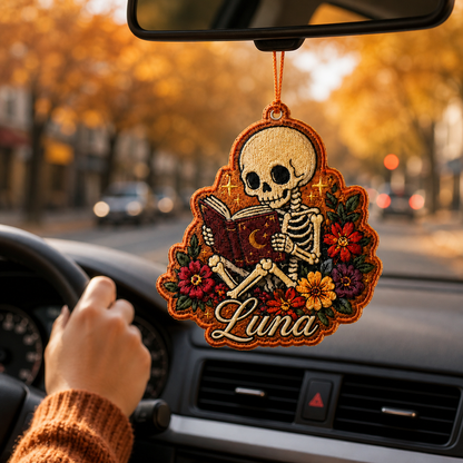 Personalized Halloween Skeleton Reading Embroidered Car Ornament