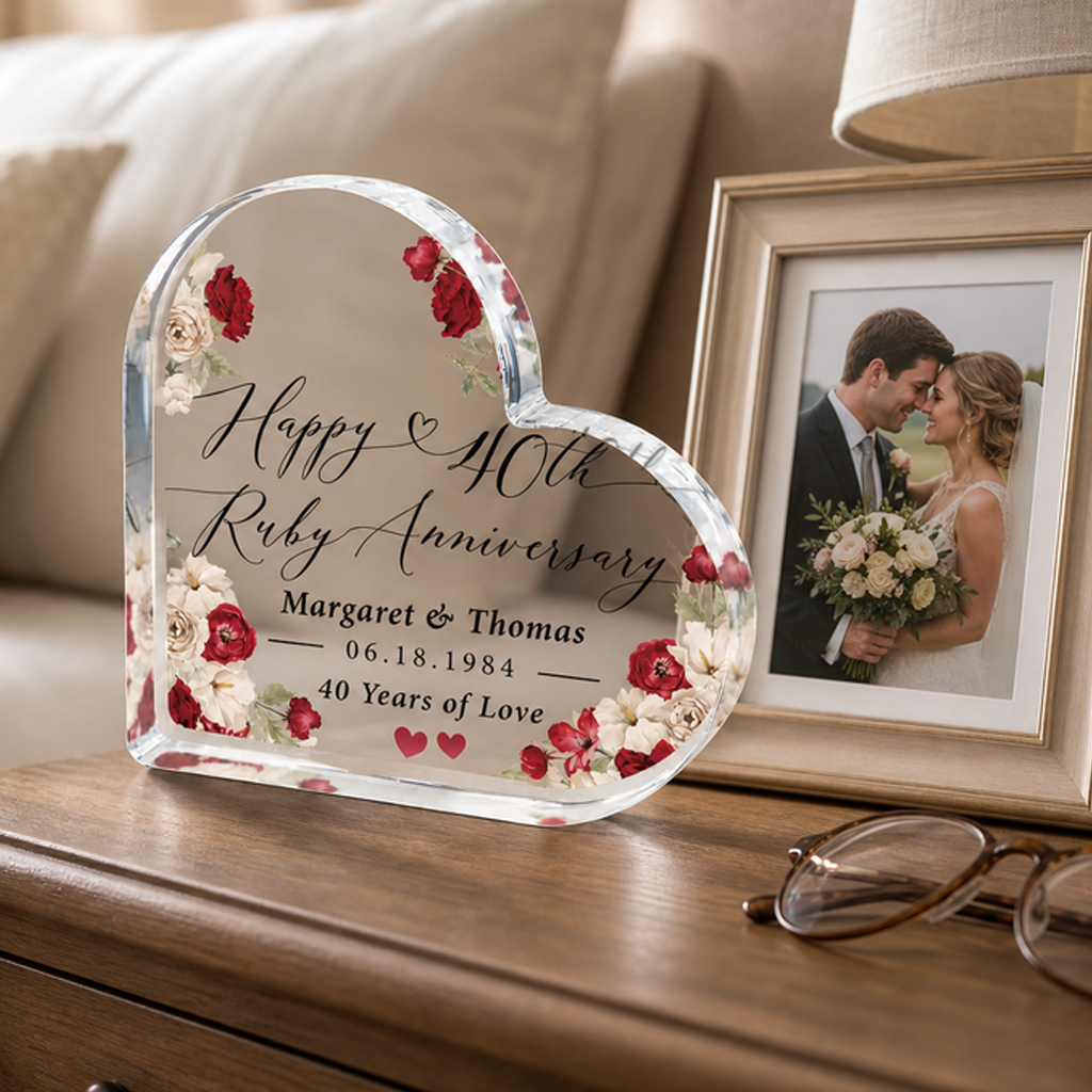 Personalized Ruby Anniversary Acrylic Heart Block, 40th Wedding Keepsake for Couples