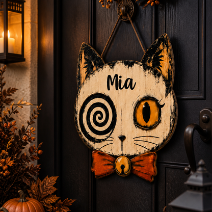 Personalized Spooky Cat Halloween Wooden Door Sign