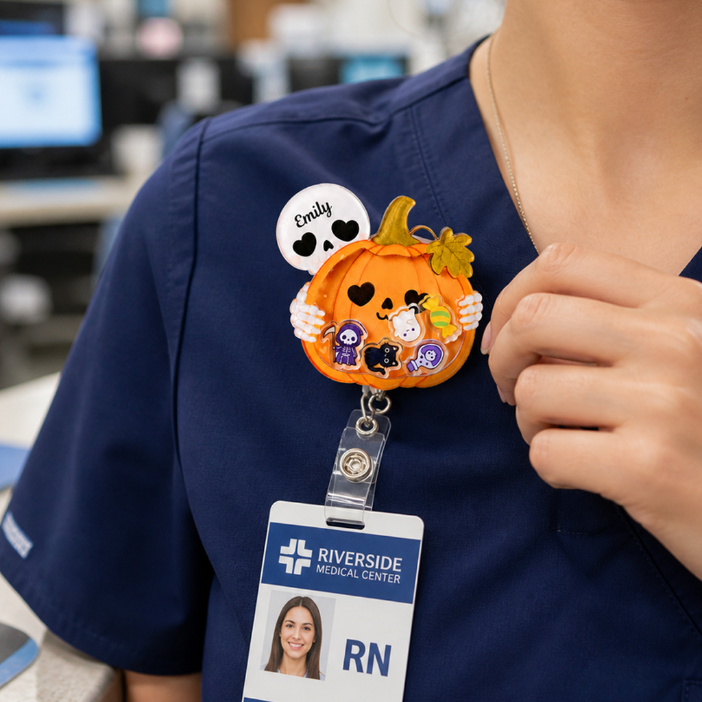 Personalized Pumpkin Skeleton Halloween Badge Reel