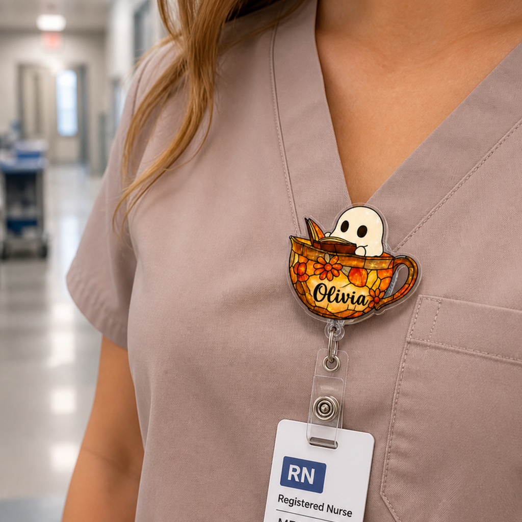 Personalized Halloween Ghost Teacup Badge Reel