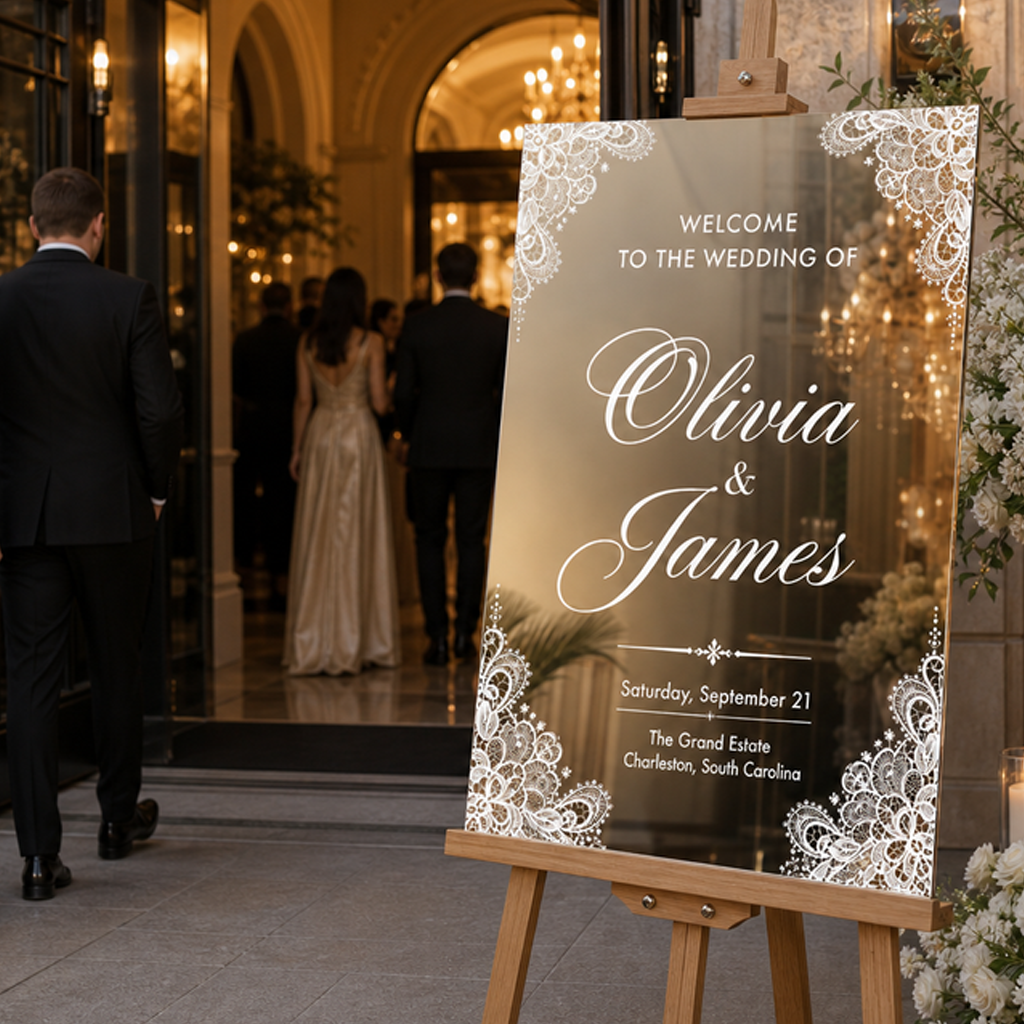 Personalized Gold Mirror Wedding Welcome Sign with Lace Details
