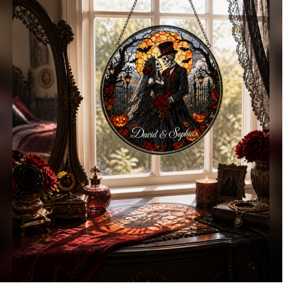 Custom Gothic Skeleton Couple Stained Glass Suncatcher