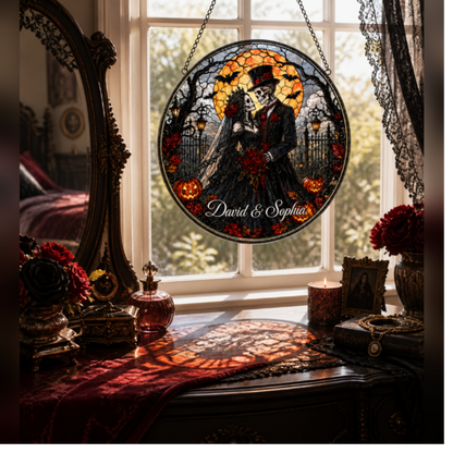 Custom Gothic Skeleton Couple Stained Glass Suncatcher