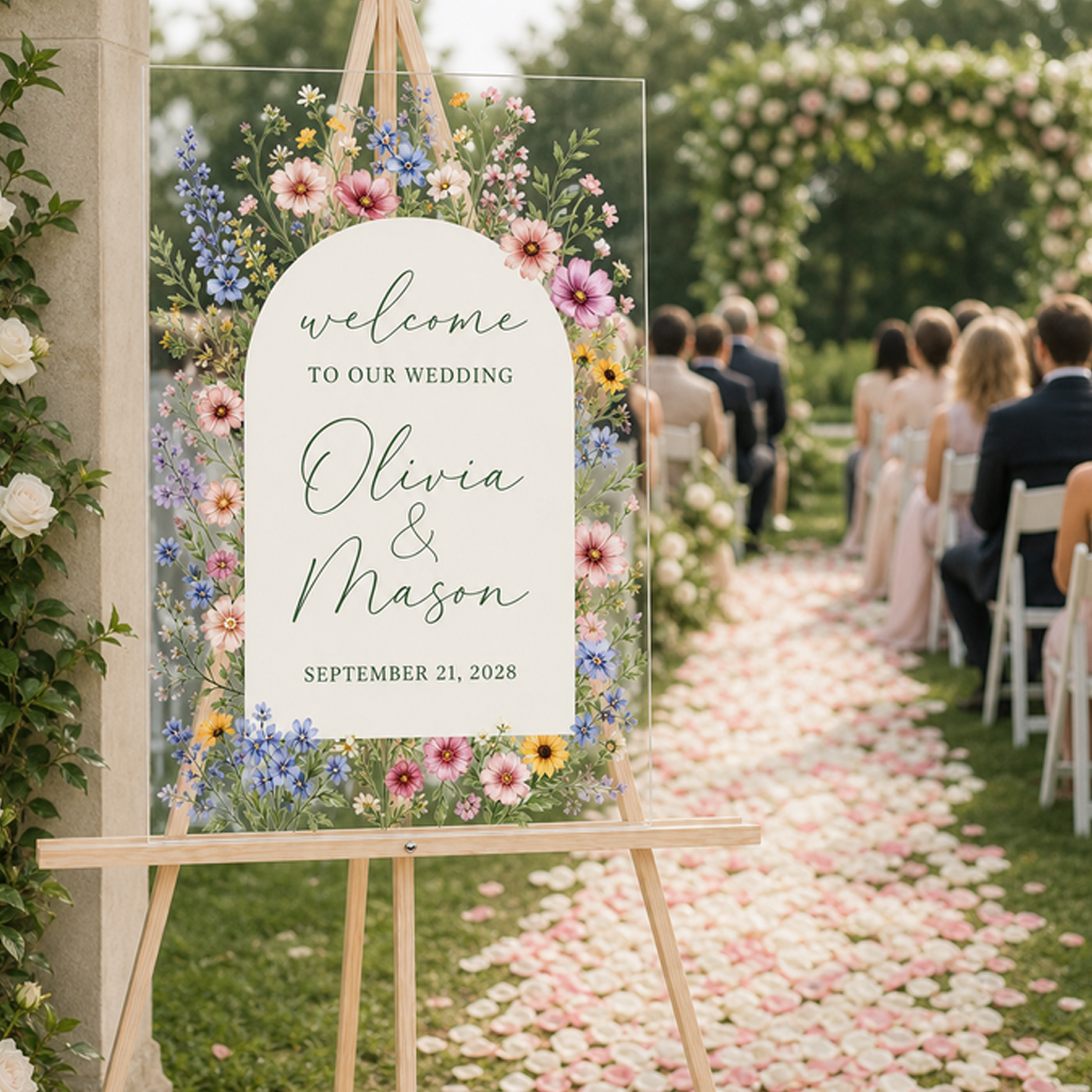 Personalized Wildflower Acrylic Wedding Welcome Sign
