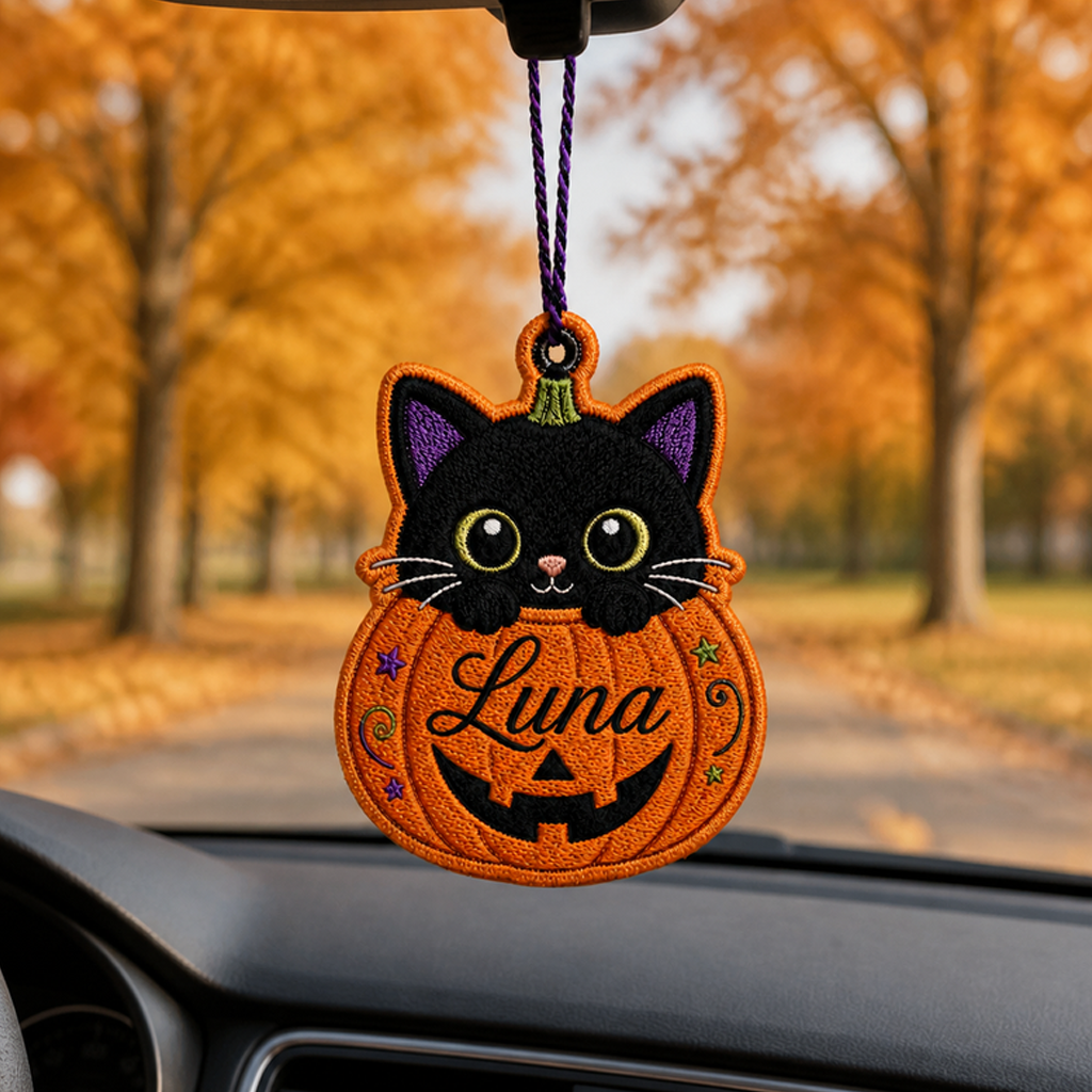 Personalized Black Cat Pumpkin Embroidered Halloween Ornament