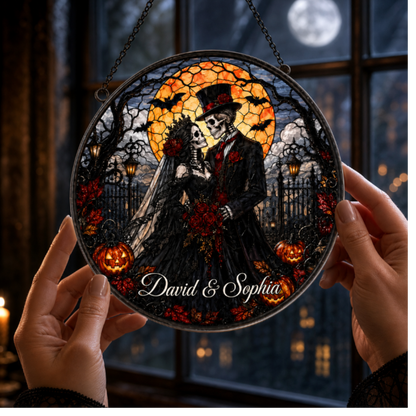 Custom Gothic Skeleton Couple Stained Glass Suncatcher