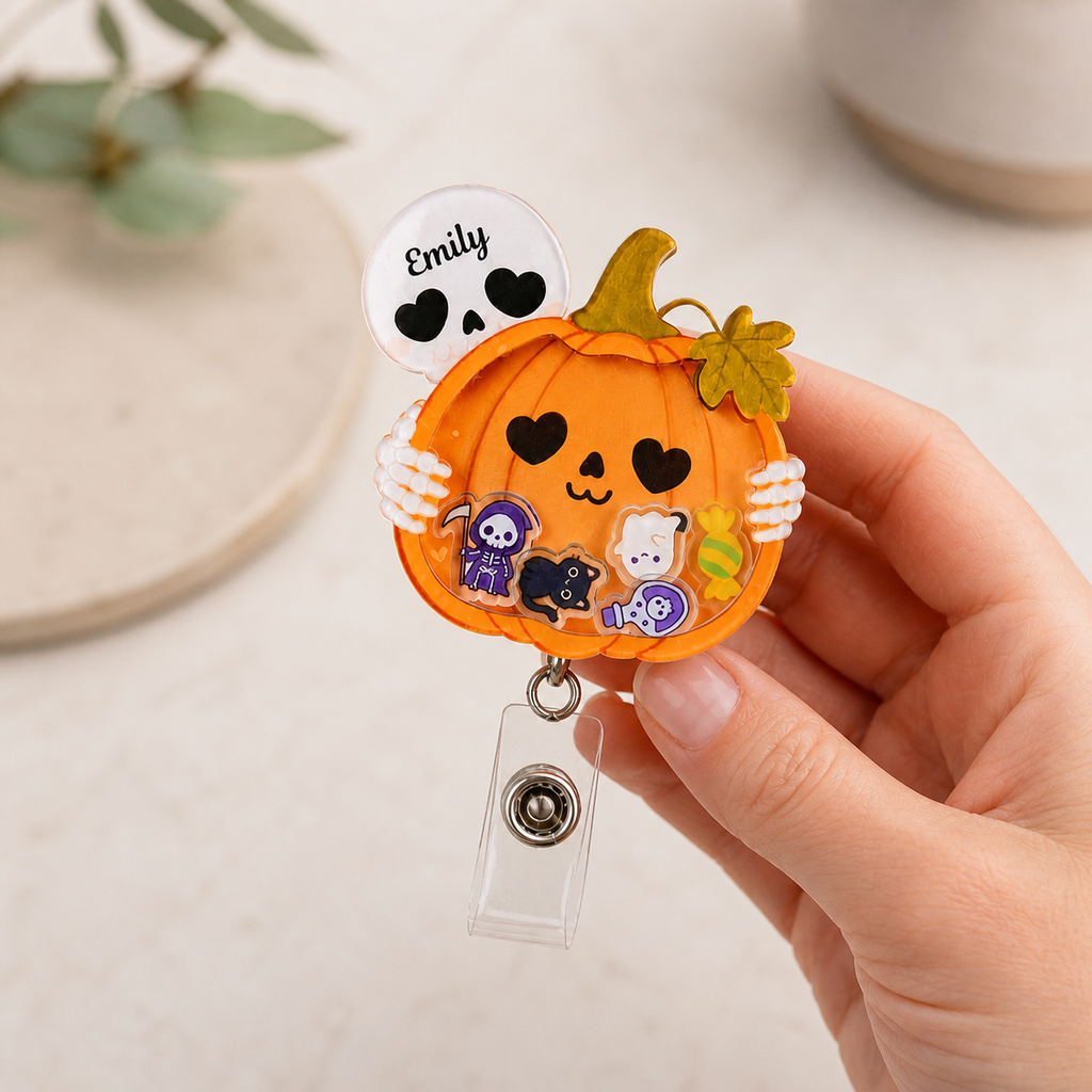 Personalized Pumpkin Skeleton Halloween Badge Reel