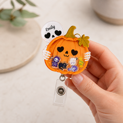 Personalized Pumpkin Skeleton Halloween Badge Reel
