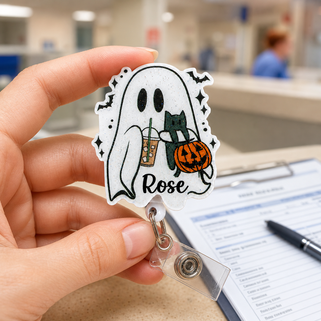 Personalized Halloween Ghost and Cat Badge Reel