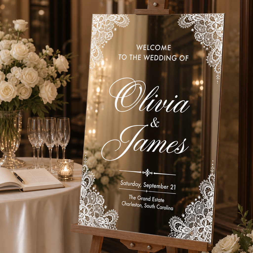Personalized Gold Mirror Wedding Welcome Sign with Lace Details