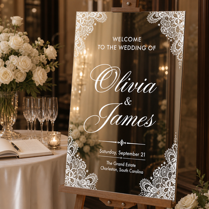 Personalized Gold Mirror Wedding Welcome Sign with Lace Details