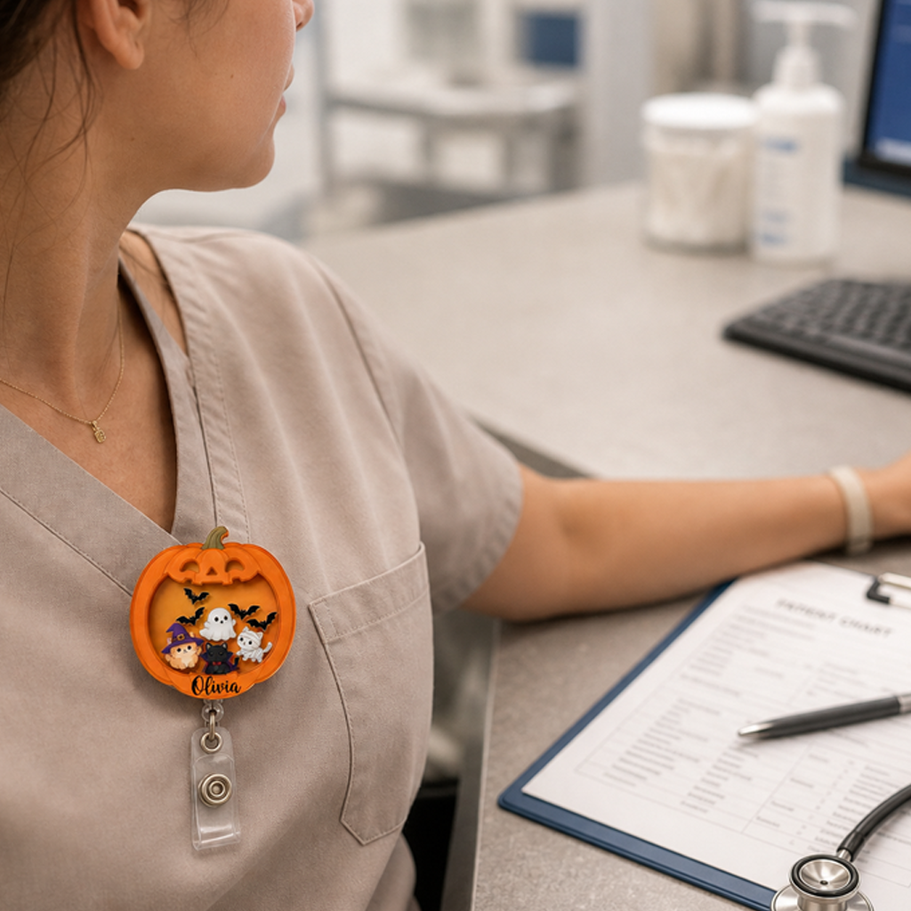 Personalized Halloween Pumpkin Ghost and Cat Badge Reel
