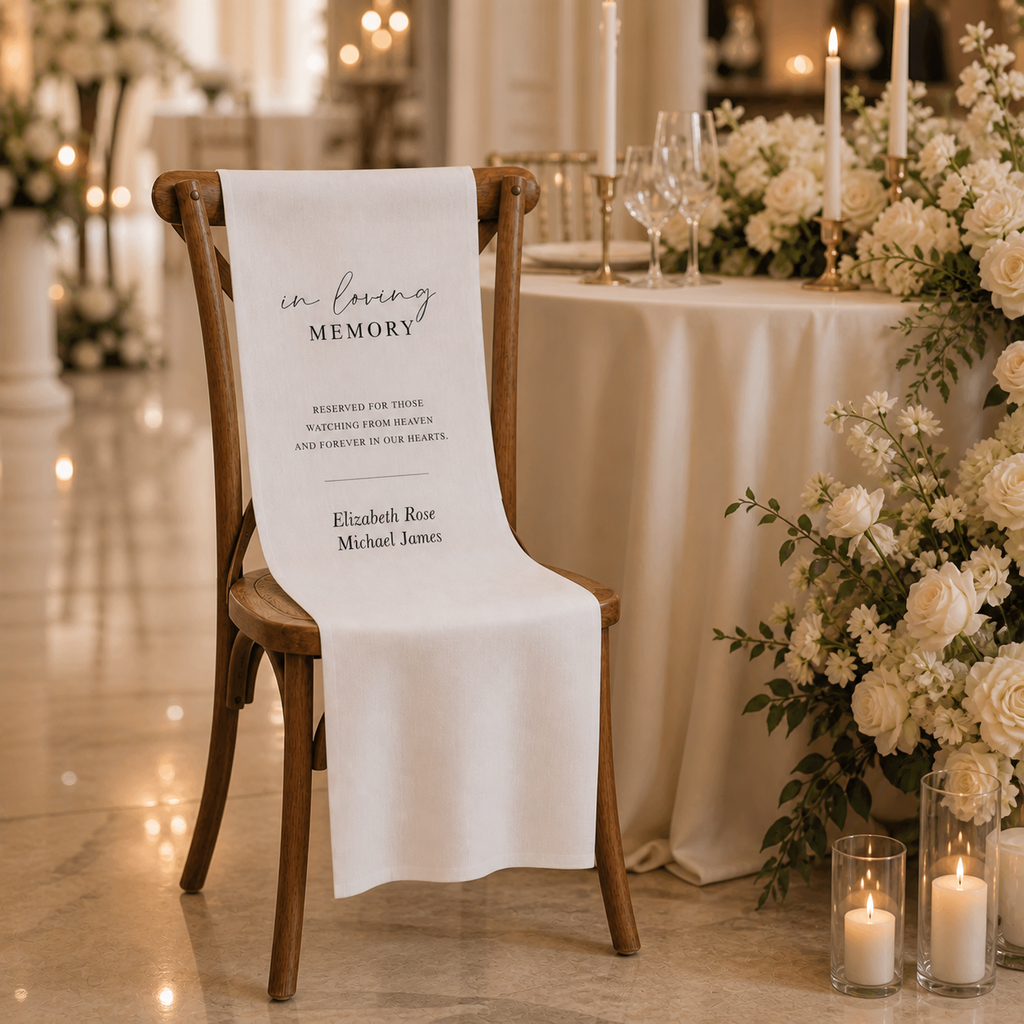 Personalized Wedding Chair Sign In Loving Memory White Fabric