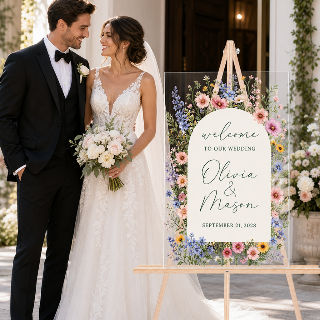 Personalized Wildflower Acrylic Wedding Welcome Sign