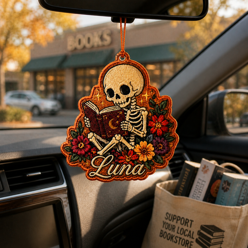 Personalized Halloween Skeleton Reading Embroidered Car Ornament