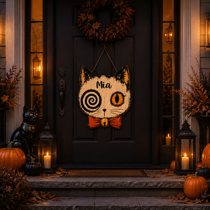 Personalized Spooky Cat Halloween Wooden Door Sign