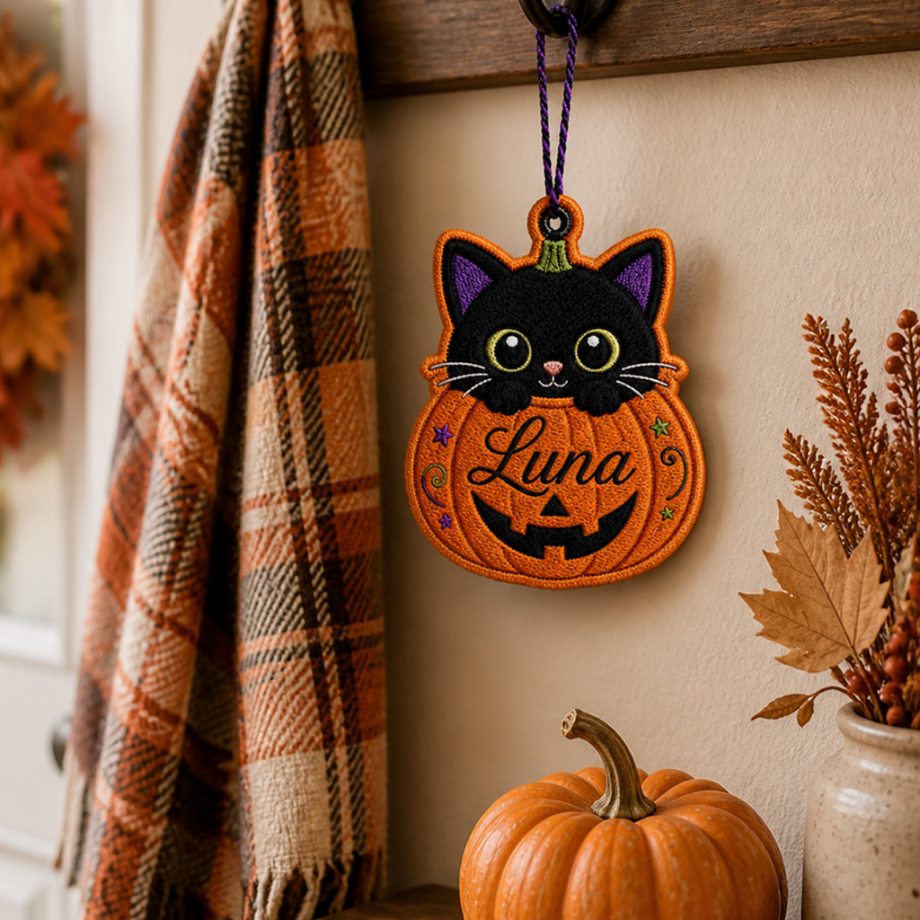 Personalized Black Cat Pumpkin Embroidered Halloween Ornament