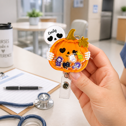 Personalized Pumpkin Skeleton Halloween Badge Reel