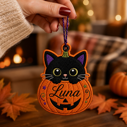 Personalized Black Cat Pumpkin Embroidered Halloween Ornament