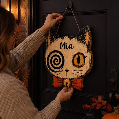 Personalized Spooky Cat Halloween Wooden Door Sign